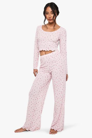 Ribbat set med blommig t-shirt och byxor white