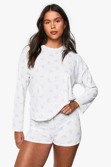 Croissant Print Soft Rib Long Sleeve T-Shirt & Boxer Shorts Pyjama Set white