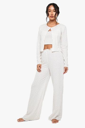 Mix & Match Zachte Geribbelde Bloemenprint Pyjama Broek Met Wijde Pijpen white