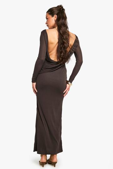 Petite Drape Back Detail Long Sleeve Maxi Dress chocolate