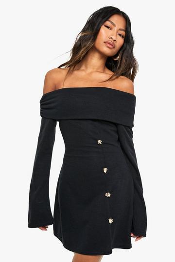 Gold Button Bardot Mini Dress black