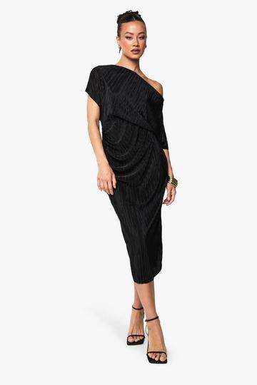 Tall Plisse Off The Shoulder Midi Dress black