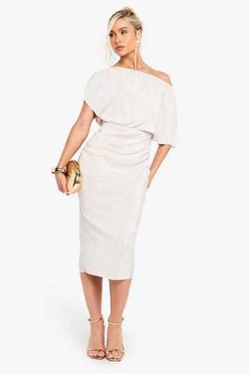 Plisse Off The Shoulder Midi Dress champagne