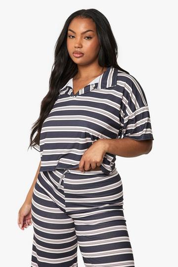 PLUS STRIPE COLLARED TOP navy