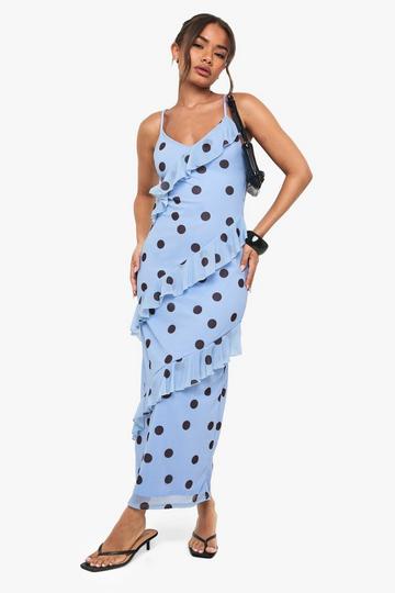 Polka Dot Frill Maxi Dress blue