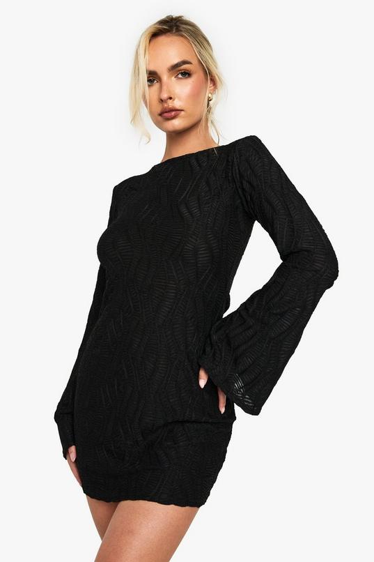 Textured Flare Sleeve Slash Neck Mini Dress | boohoo USA Textured Flare Sleeve Slash Neck Mini Dress | boohoo USA