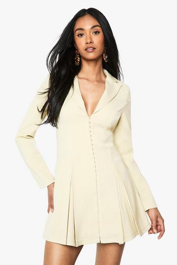 Lemon Yellow Tailored Hook & Eye Detail Cinched Waist Blazer Dress