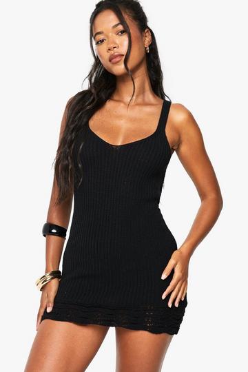 Beach Crochet Hem Detail Knitted Mini Dress black