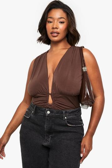 Plus Plunge Ruched Trim Detail Bodysuit chocolate