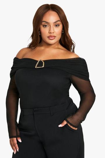 Plus gerafftes Bardot-Oberteil mit Gold-Detail black