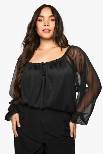 Plus Mesh Sleutelgat Bodysuit Met Strik black