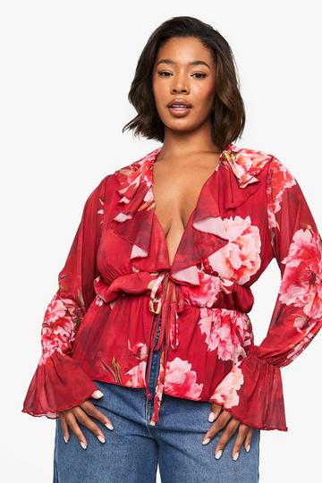 Plus Floral Ruffle Peplum Top red
