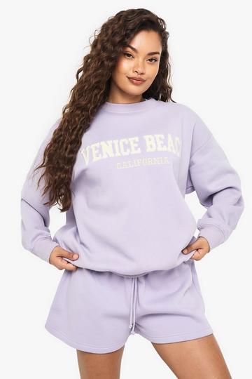 Lilac Purple Venice Beach California Embroidered Sweatshirt Short Tracksuit