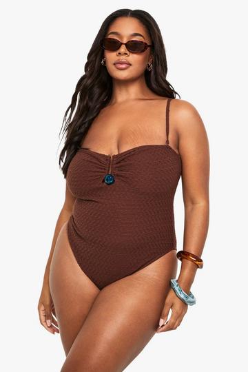 Plus Strapless Badpak Met Gekreukelde Zoom En Steentjes chocolate