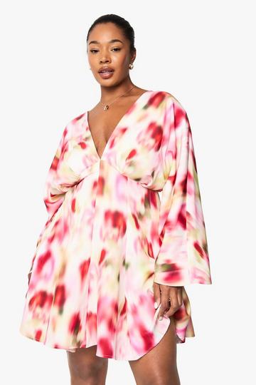 Plus Blurred Floral Pleated Skater Dress pink