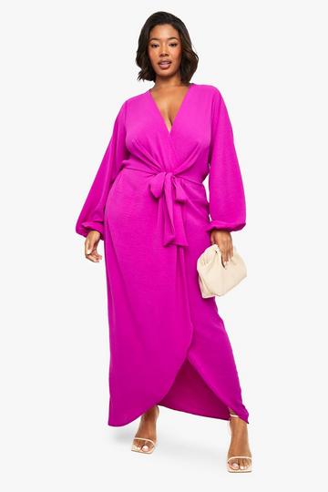 Fuchsia Pink Plus Textured Tie Detail Maxi Dress
