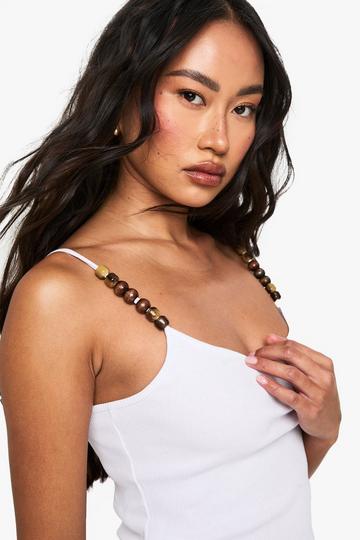Rib Beaded Strap Detail Square Neck Vest white