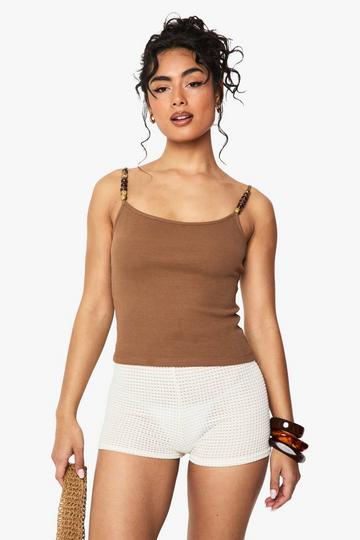 Rib Beaded Strap Detail Square Neck Vest chocolate