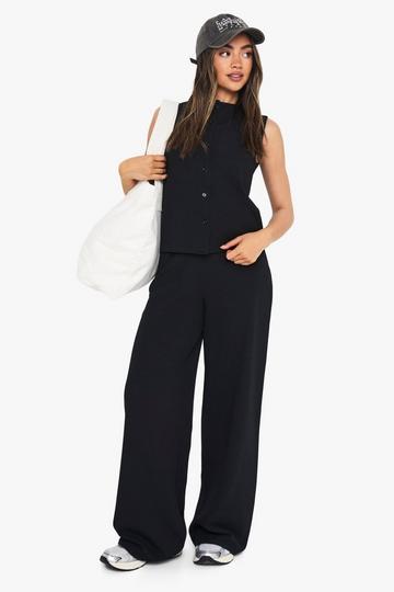 Crinkle Rib Button Through Sleeveless Top and Trouser Set black