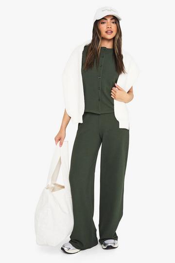 Gekreukelde Geribbelde Mouwloze Top Met Knopen En Broek Set khaki