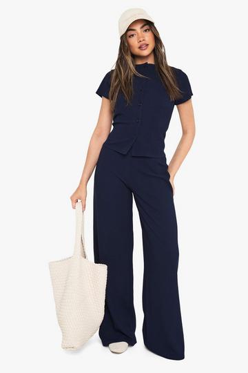 Gekreukelde Geribbelde Top Met Kapmouwen En Broek Set navy