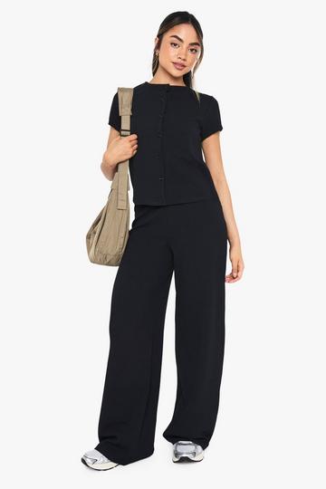 Crinkle Rib Button Through Cap Sleeve Top and Trouser Set black