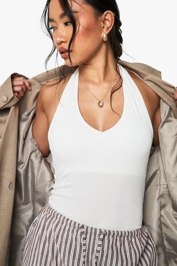 Built In Padded Soft Ribbed Plunge Halter Neck Top white