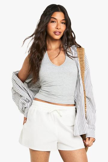 BUILT IN PADDED SOFT RIBBED PLUNGE HALTER NECK TOP grey marl