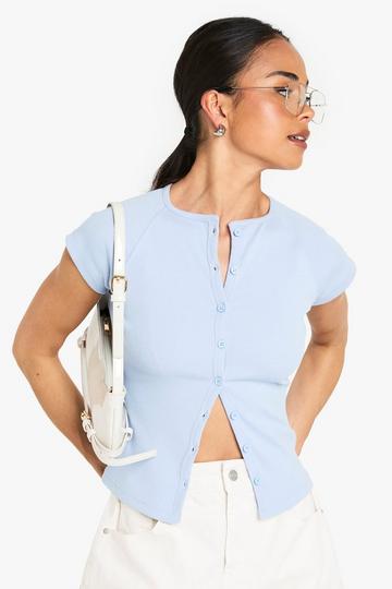 Geribbelde Top Met Knopen En Kapmouwen blue