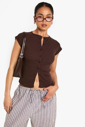 Rib Button Through Cap Sleeve Top chocolate