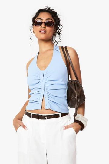 Rib Button Through Halterneck Top blue