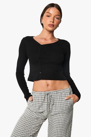 Rib Asymetric Neckline Long Sleeve Top black
