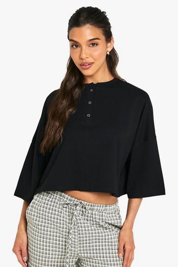 Henley Popper Boxy Crop T-Shirt black