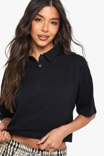 Button Collared Boxy Crop T-Shirt black