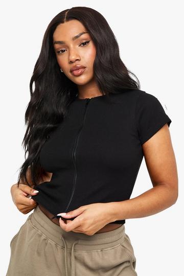 Rib Double Zip Through Short Sleeve Top black