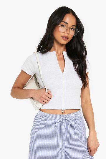 Rib Double Zip Through Short Sleeve Top ash grey
