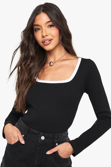 Geribbelde Bodysuit Met Contrasterende Naden, Vierkante Hals En Lange Mouwen black