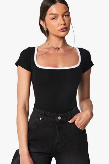 Rib Contrast Binding Square Neck Short Sleeve Bodysuit black