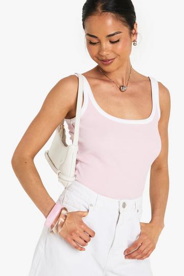 Rib Contrast Binding Strappy Vest Top pink