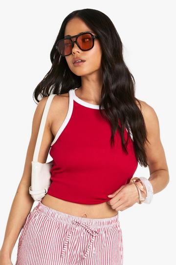 Rib Contrast Binding Racer Neck Vest Top red