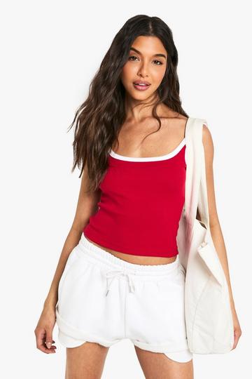 Rib Contrast Binding Strappy Vest Top red