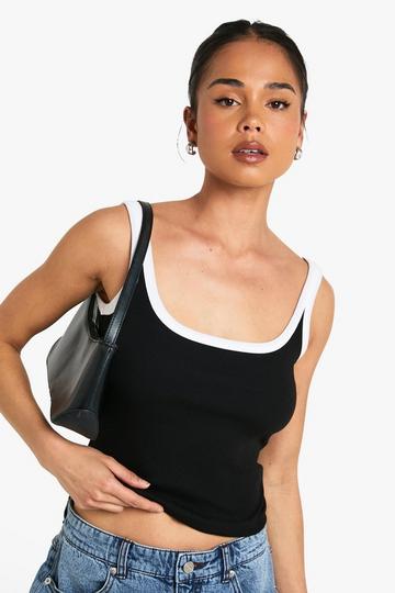 Rib Contrast Binding Strappy Vest Top black