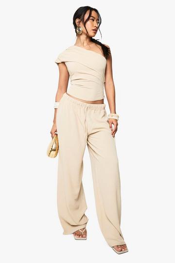Top Met Textuur En Eén Mouw En Wide Leg Broek taupe