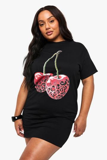PLUS LEOPARD CHERRY OVERSIZED T-SHIRT DRESS black