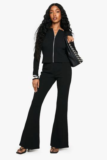 2 Tone Rib Zip Up Top & Flared Trouser black