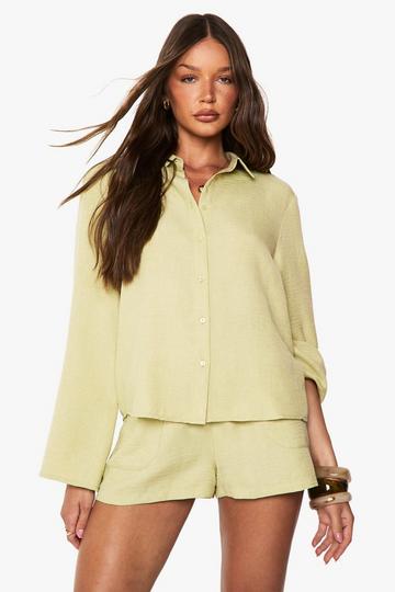Linen Look Wide Cuff Relaxed Fit Shirt sage
