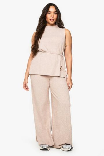 PLUS BRUSHED TUNIC TIE BELT TOP AND WIDE LEG TROUSER stone