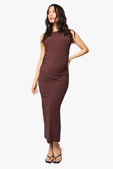 Chocolate Brown maternity textured twist shoulder midaxi dress