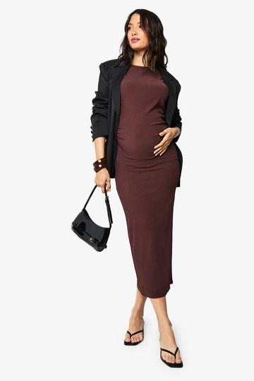 Chocolate Brown maternity textured twist shoulder midaxi dress