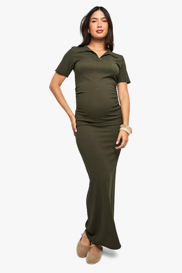 Maternity textured button detail maxi dress khaki